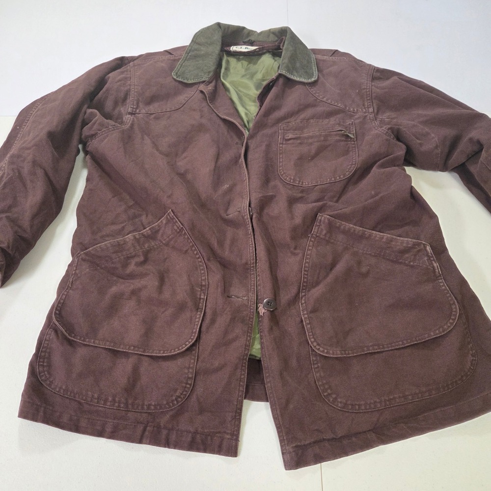 LL Bean Field Coat Barn Jacket Burgundy Canvas Flannel Lined Corduroy Collar